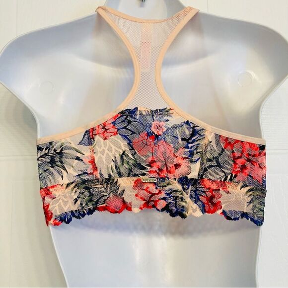Victoria's Secret Pink Lace Bralette Bra Racerback Unlined Sz XS Tropical Floral - Picture 5 of 11